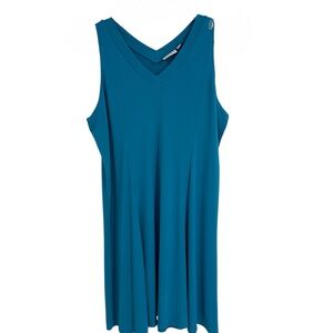 Susan Graver Liquid Knit Midi Dress Blue Sleeveless Size XL V-neck Swing
